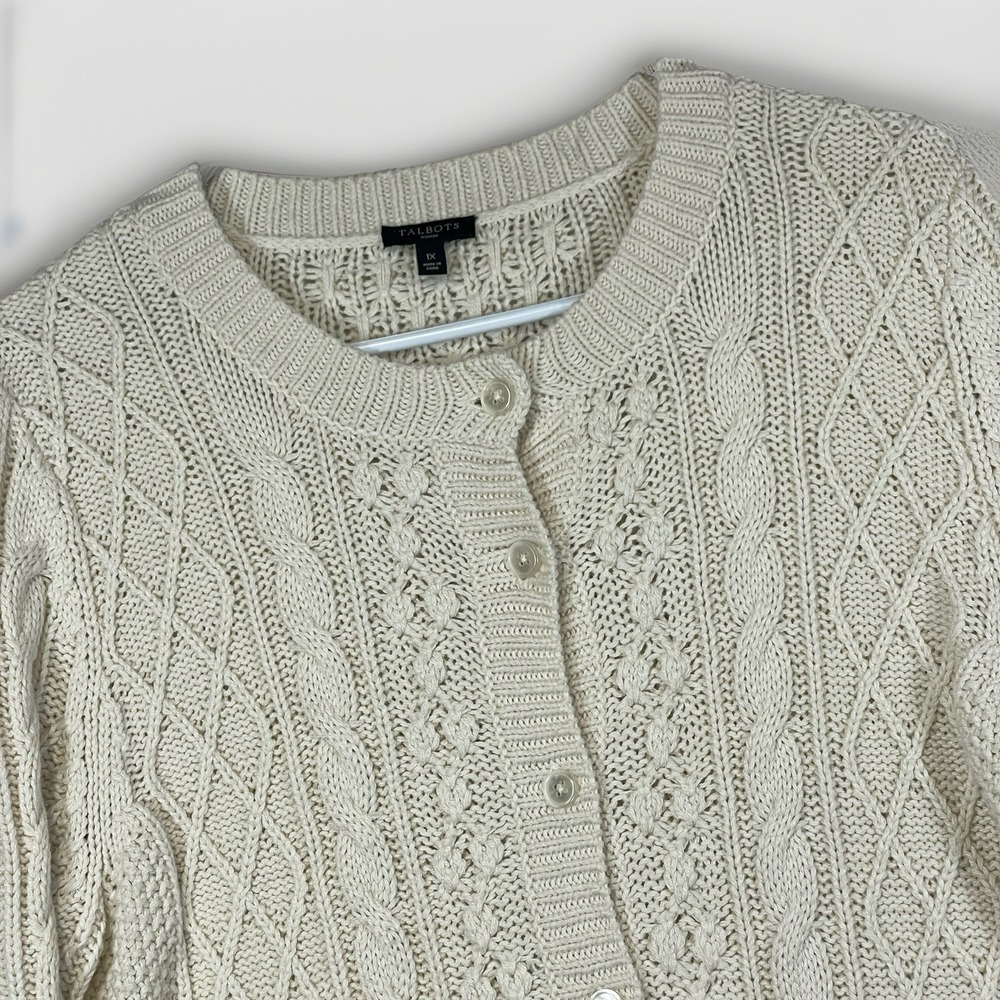 Talbots Women's 1X Wool Blend Ivory Cable Knit Button Front Cardigan Sweater